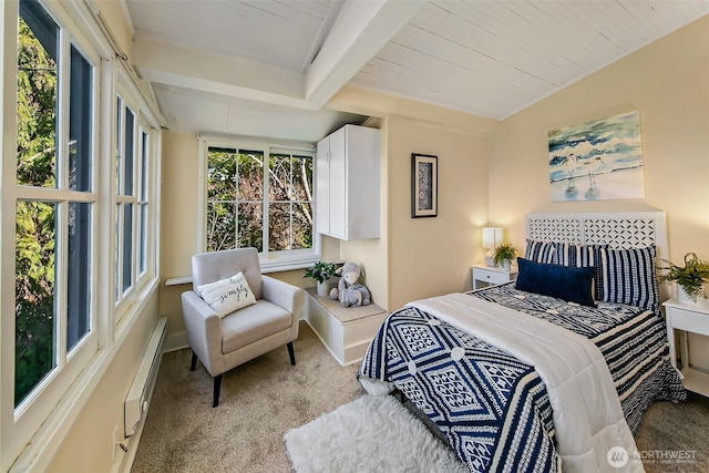 bedroom featuring a baseboard radiator, vaulted ceiling with beams, and carpet