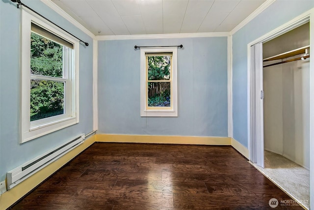 unfurnished bedroom featuring a baseboard radiator, multiple windows, ornamental molding, and dark wood finished floors