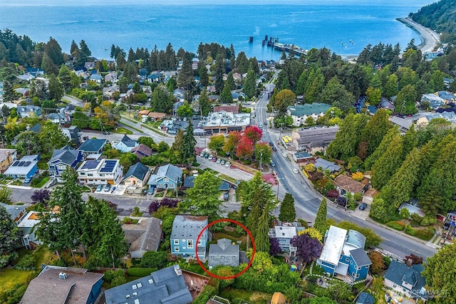 bird's eye view with a water view