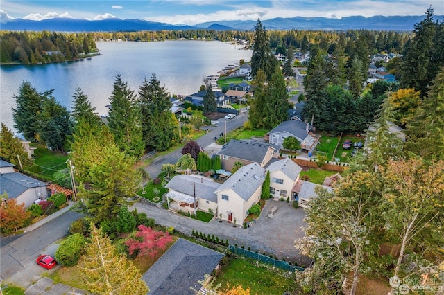 drone / aerial view featuring a water and mountain view