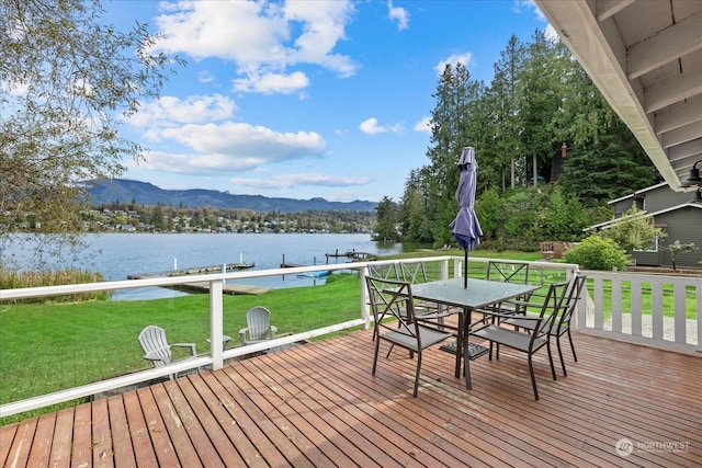 wooden deck with a lawn and a water and mountain view