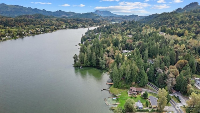 aerial view with a water and mountain view