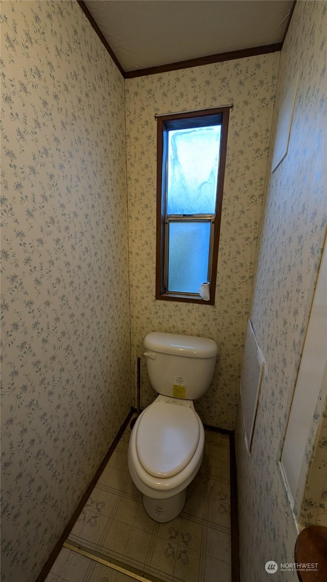 bathroom with crown molding and toilet