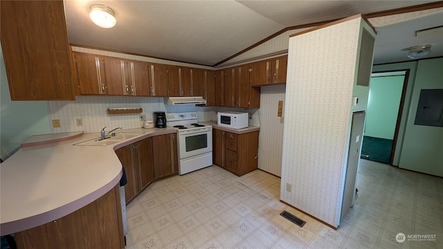 kitchen featuring sink, vaulted ceiling, white appliances, and electric panel