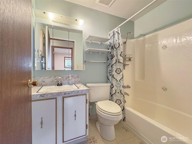 bathroom featuring vanity, visible vents, shower / bath combo with shower curtain, tile patterned floors, and toilet