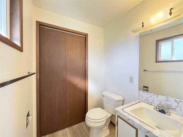 half bathroom with toilet, vanity, and wood finished floors