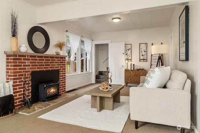 carpeted living room featuring crown molding