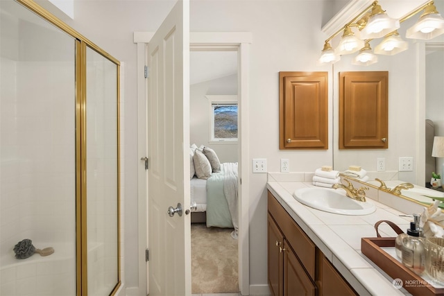 bathroom with vanity and walk in shower