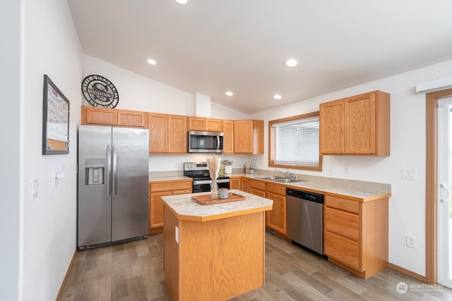 kitchen with appliances with stainless steel finishes, light hardwood / wood-style flooring, a center island, and sink