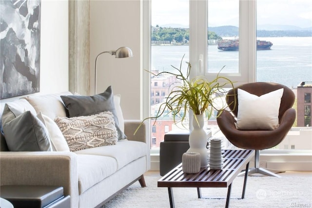 living area with a water view