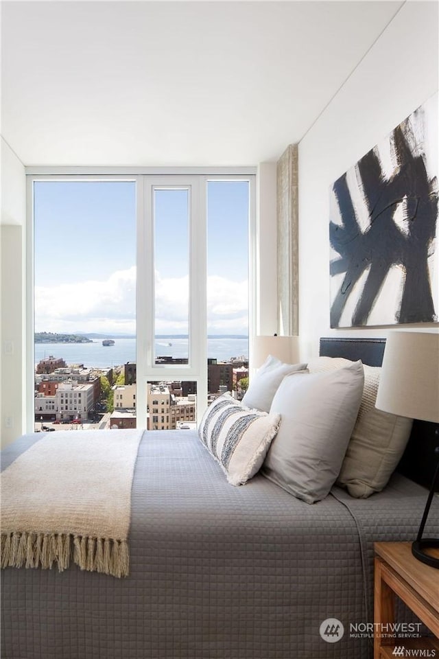 bedroom featuring expansive windows, a water view, and multiple windows