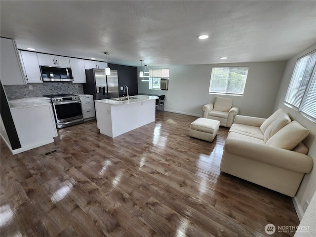 kitchen featuring stainless steel appliances, dark wood-style floors, open floor plan, and light countertops