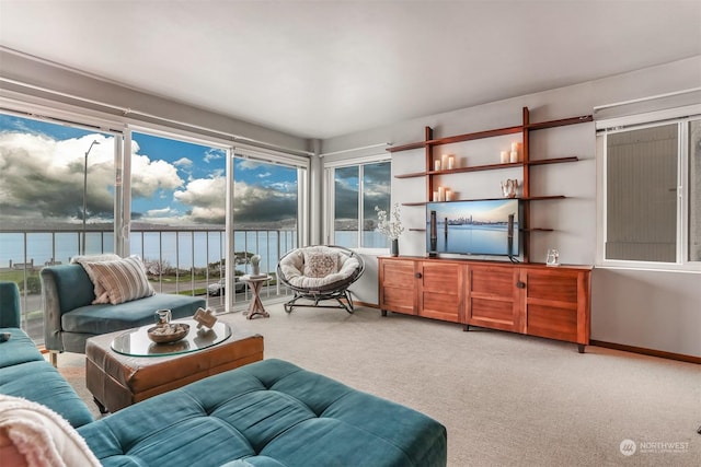 carpeted living room featuring a water view