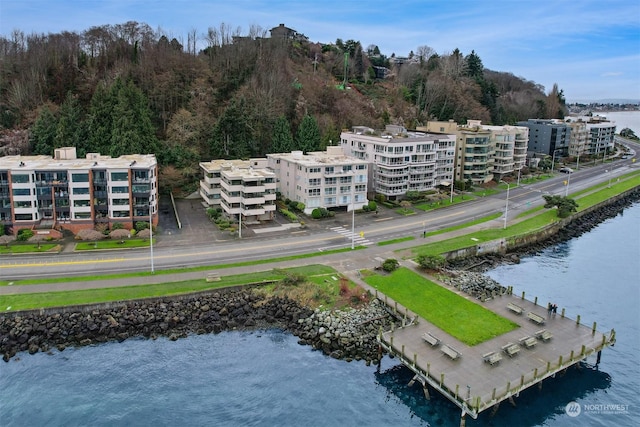 birds eye view of property with a water view