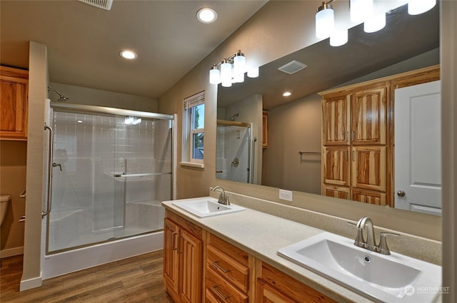 bathroom featuring vanity, wood-type flooring, and walk in shower