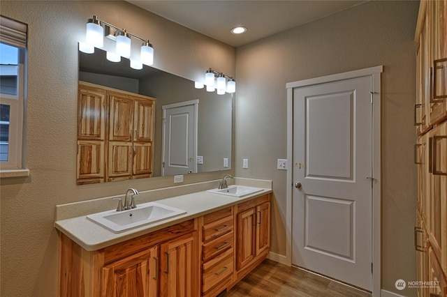 bathroom featuring vanity and hardwood / wood-style flooring