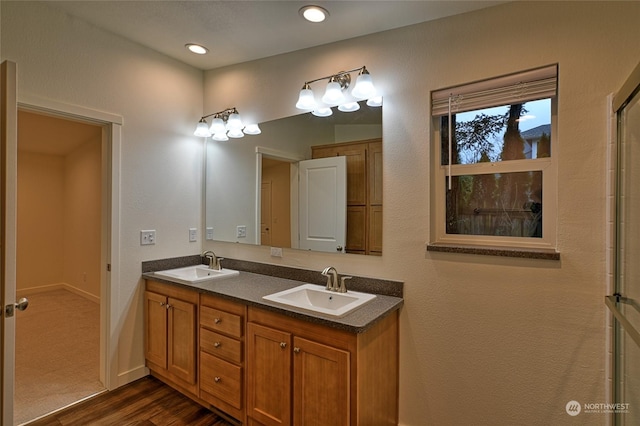 bathroom featuring vanity and hardwood / wood-style flooring