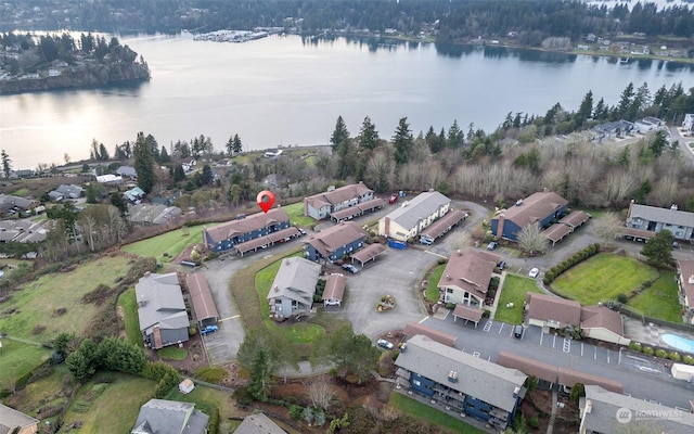 drone / aerial view with a water view