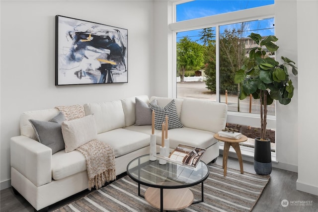 living room with baseboards and dark wood-style flooring