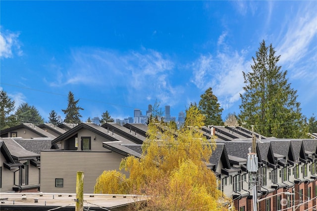 view of home's exterior with a shingled roof and a residential view