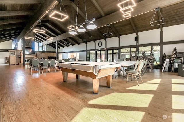 game room featuring beam ceiling, light wood-type flooring, high vaulted ceiling, and billiards