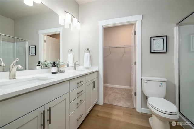 bathroom featuring toilet, a shower stall, double vanity, and a sink