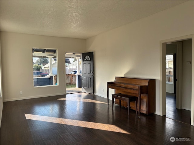 foyer entrance with dark hardwood / wood-style flooring and a textured ceiling