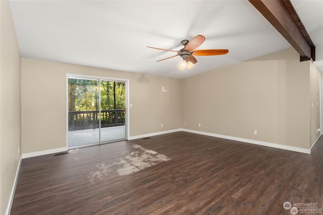 unfurnished room featuring dark hardwood / wood-style flooring, vaulted ceiling with beams, and ceiling fan