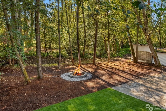 view of yard featuring a storage unit and a fire pit