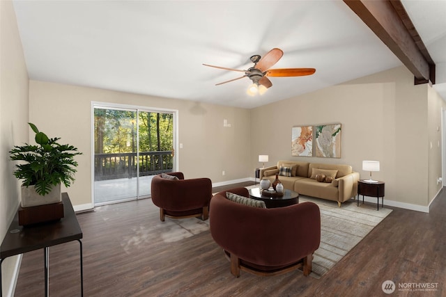 living room featuring vaulted ceiling with beams, dark hardwood / wood-style floors, and ceiling fan