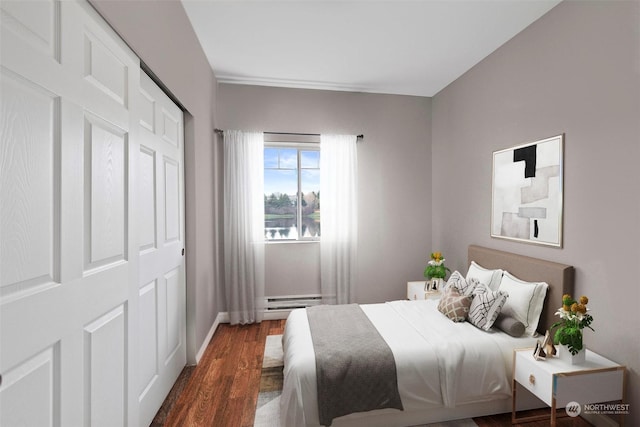 bedroom featuring dark hardwood / wood-style floors and a closet