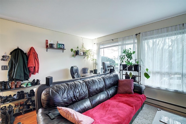 living room with hardwood / wood-style flooring and a baseboard radiator