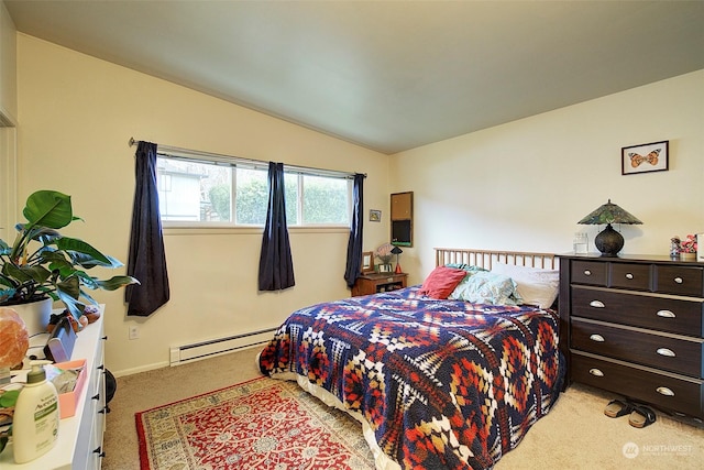 carpeted bedroom with lofted ceiling and baseboard heating