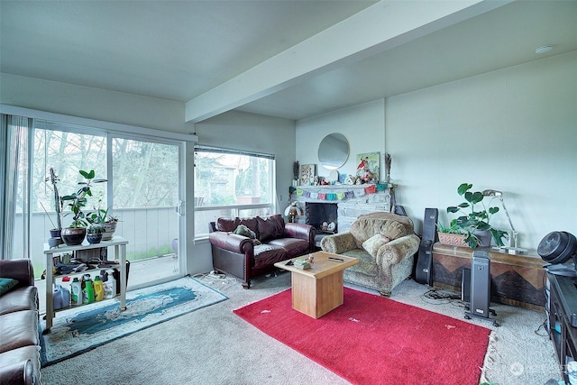 carpeted living room featuring beamed ceiling