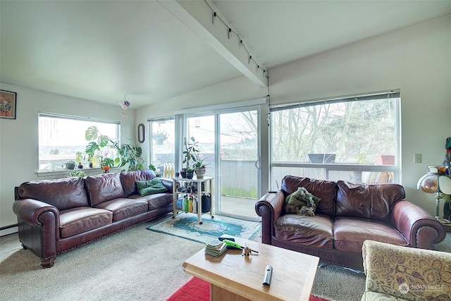 living room with carpet and lofted ceiling with beams