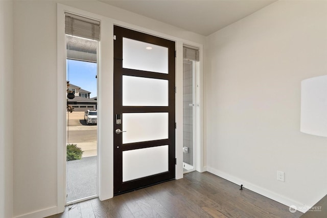 entryway with a healthy amount of sunlight and dark hardwood / wood-style floors