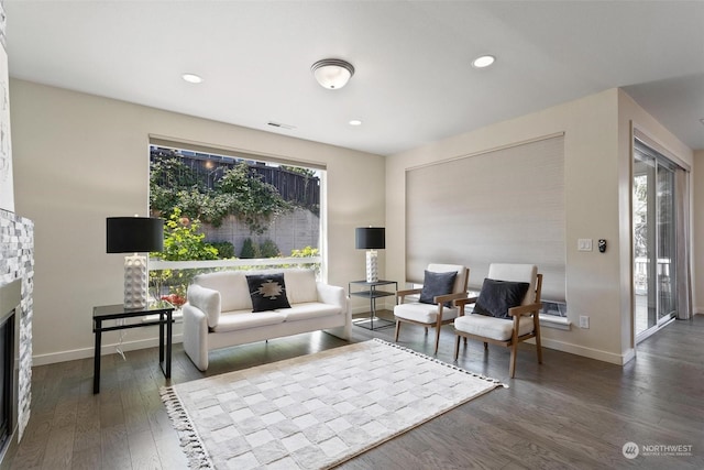 living room featuring dark hardwood / wood-style flooring and a fireplace