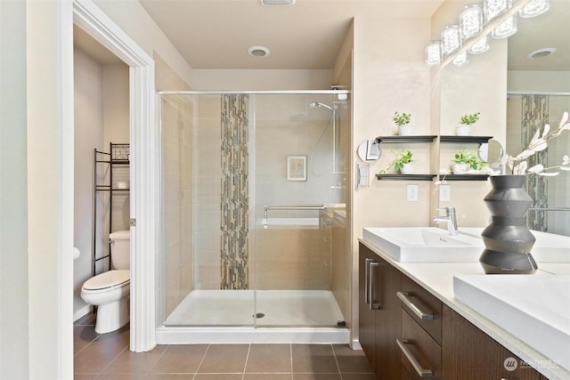 bathroom with tile patterned floors, a shower with door, vanity, and toilet