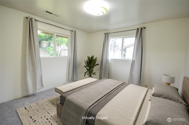 carpeted bedroom featuring multiple windows