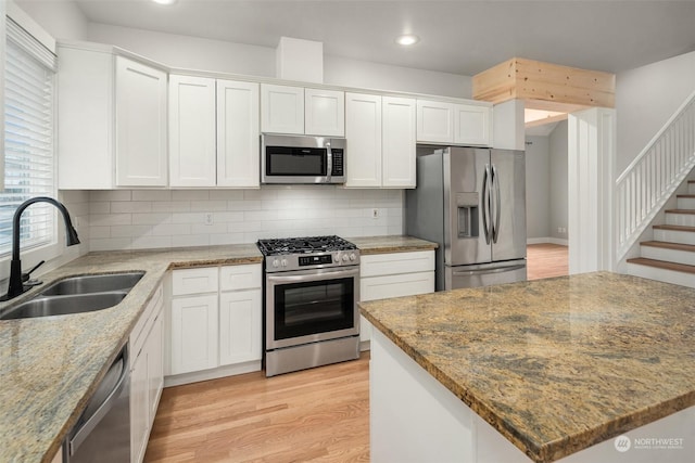 kitchen featuring light hardwood / wood-style floors, backsplash, white cabinetry, appliances with stainless steel finishes, and sink