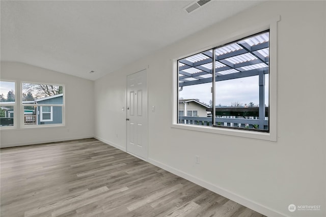 foyer with a healthy amount of sunlight, lofted ceiling, and light hardwood / wood-style flooring