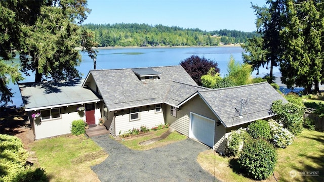 aerial view featuring a water view