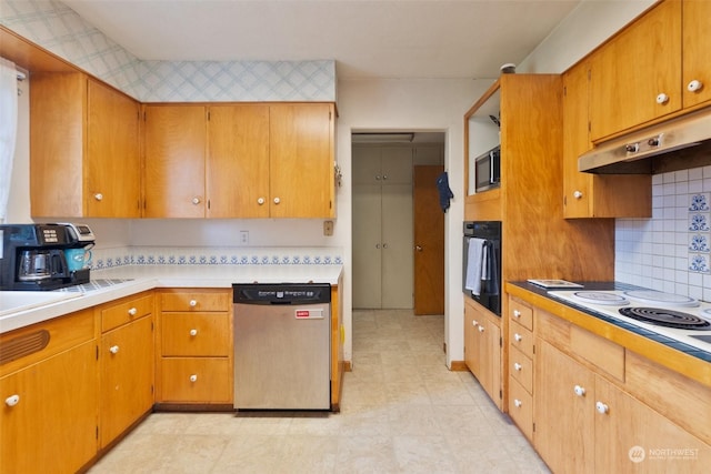kitchen with decorative backsplash, built in microwave, dishwasher, black oven, and white electric stovetop