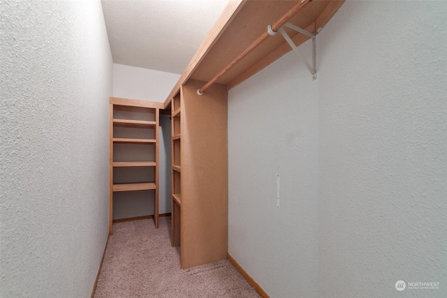 walk in closet featuring light carpet