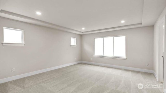 carpeted empty room with a tray ceiling