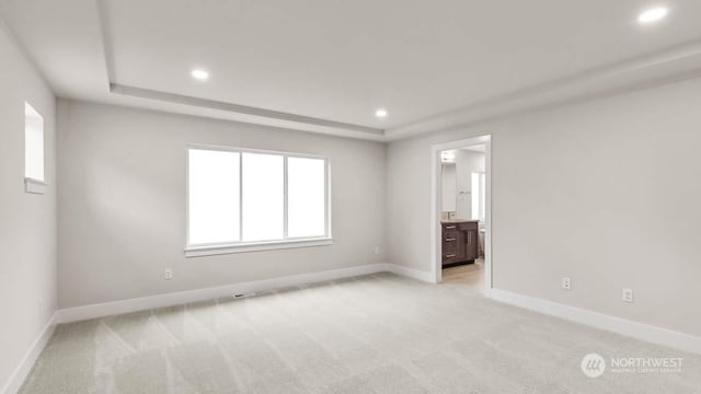 carpeted empty room with a raised ceiling