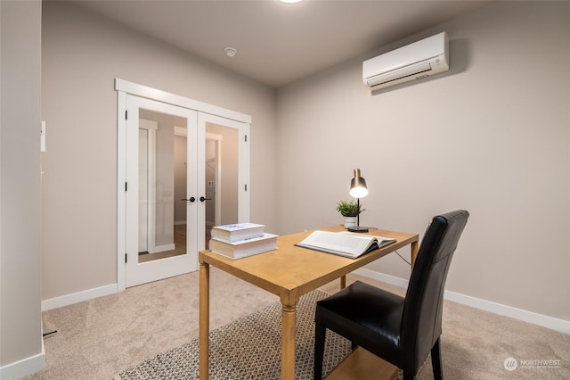 carpeted office with french doors and a wall mounted AC