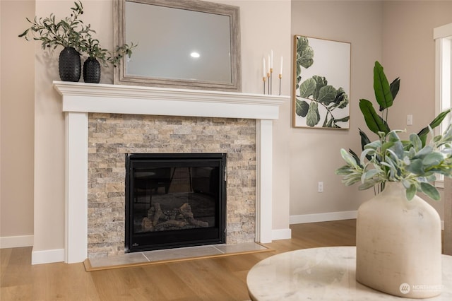 details featuring hardwood / wood-style floors and a fireplace