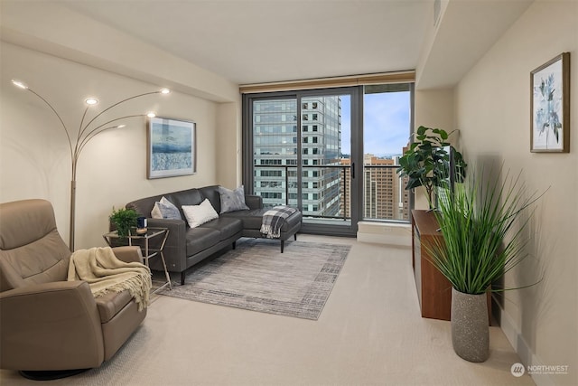 living room with a wall of windows and light carpet