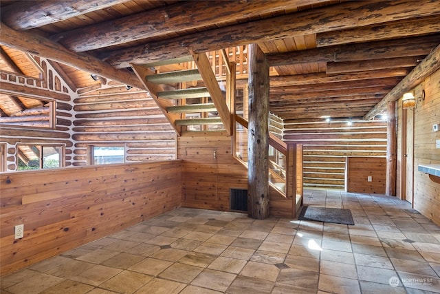 interior space featuring rustic walls, wood walls, wood ceiling, and lofted ceiling with beams